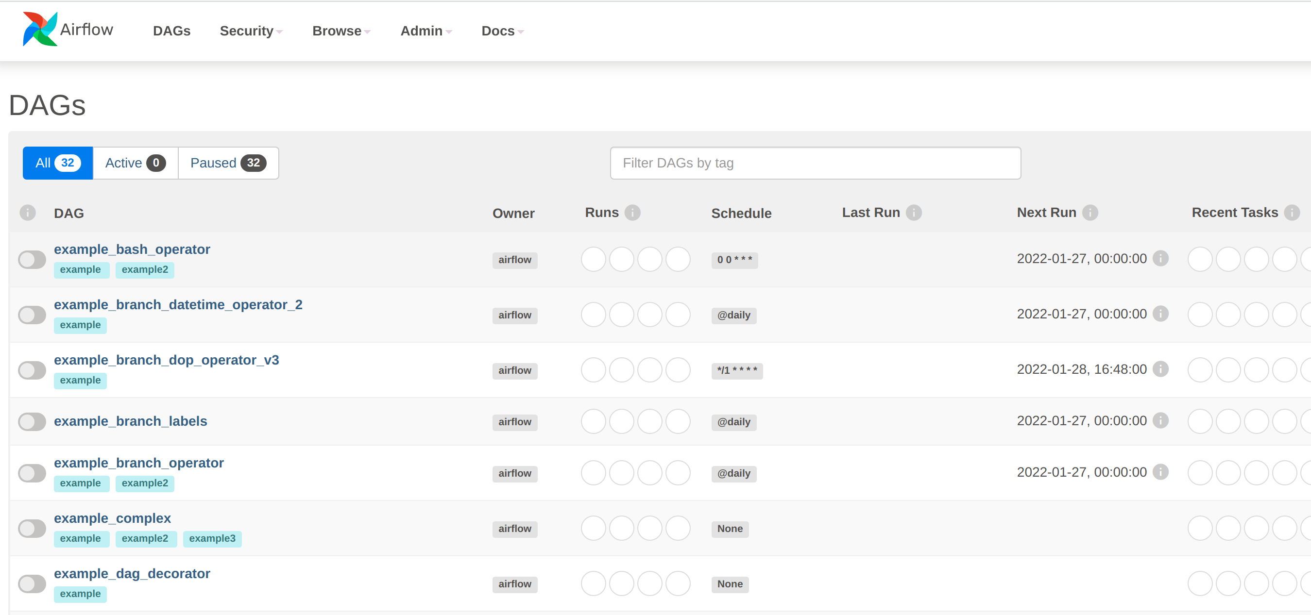 Airflow UI showing example DAGs